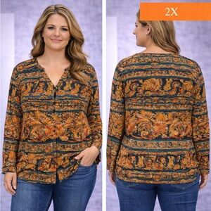 Adrian jordan Floral V-Neck Long Sleeve Blouse - Orange Multi 2X pit to pit 24in